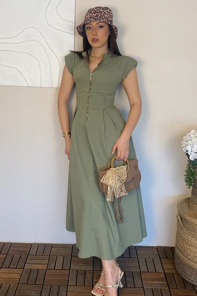 Ded COLLECTION Women's Padded Sleeveless Half Zipper Collar Parachute Fabric Midi Dress