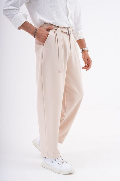 byata.style Seasonal Pleated Baggy Fit Pocket Belt Buckle Men's Fabric Trousers Beige
