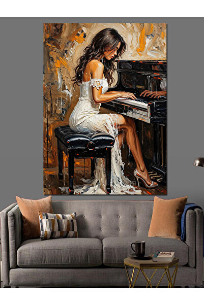 KanvasSepeti Melodie magică înaintea pianului Pictură în ulei Texturată Pânză de înaltă calitate Pictură pe pânză 100 x 50 cm