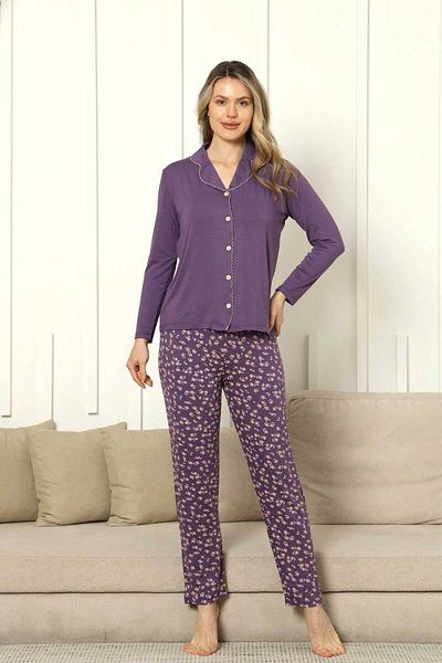 ALİMER Front Buttoned Women's Pajama Set - Purple Long Sleeve Lycra Rink Viscose 2854Uy