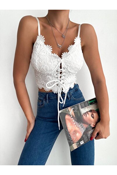 moda biz Kadın Ayarlanabilir Askılı Önü Bağcık Detaylı Şık Dantel Crop Büstiyer