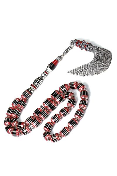 TESBİHCİBABA Nakkaş Red Processing Silver Split Erzurum Oltu Stone Rosary
