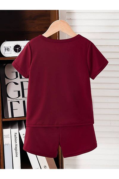 LEONE KOLEKSİYON Set de tricou pentru copii din bumbac imprimat burgundy - decolteu de vară pentru fete și băieți