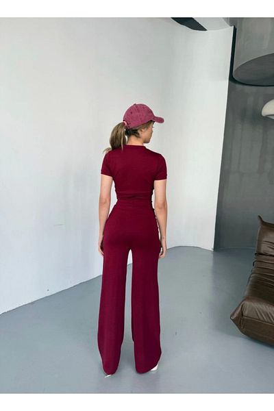 Kokosh moda Osy Modal Soft Textured Fabric Embroidered Comfortable Loose Leg Sweatpants Pantalon - Claret Red