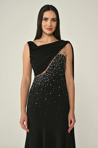 ALFABETA Şal Aksesuarlı Taşlı Krep Midi Abiye Elbise