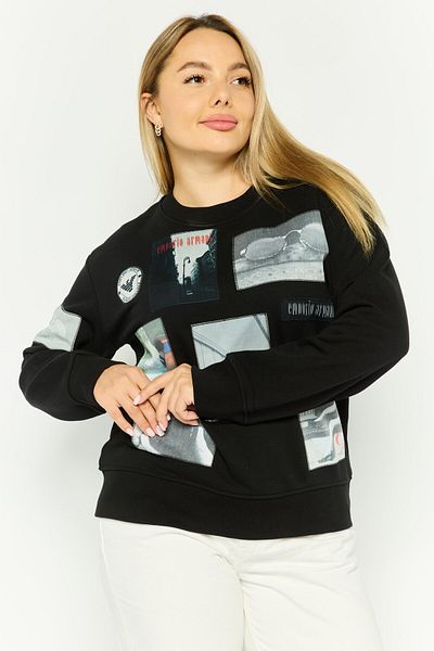 Emporio Armani Women Crew Neck Graphic Long Sleeve Sweatshirt, Black