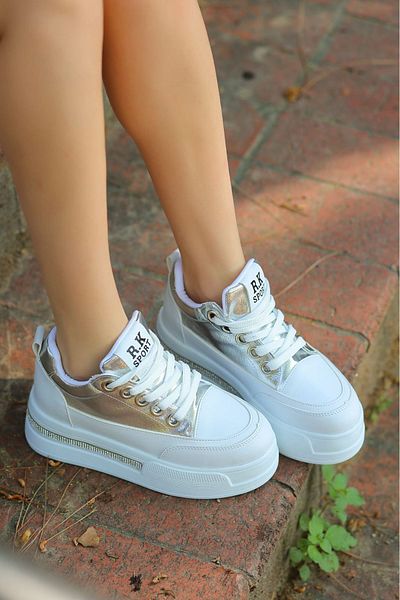 LEYDİ SHOES FRM-018 Αθλητικά παπούτσια με ψηλή σόλα με κορδόνια από ασημί λινό