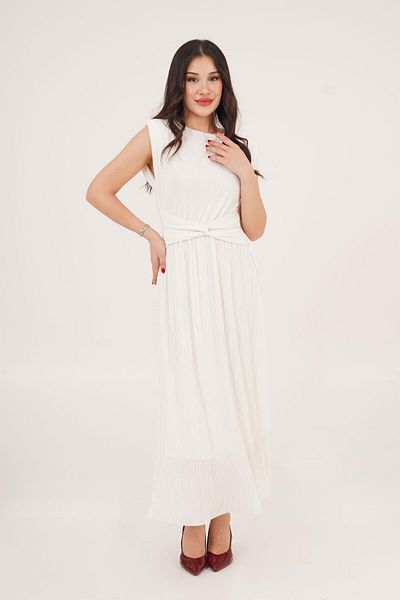 Hipo Trend Elegant White Dress with Padded Lining and Pleated Waist Detail