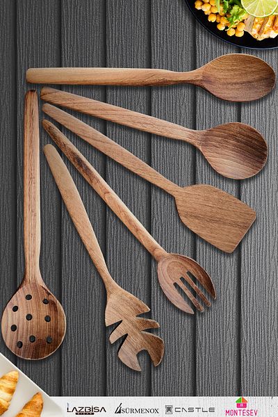 MONTESEV Natural Walnut Wood Wooden Board Spoon Spatula Colander Fork Set Wooden Spoon (Set of 6)