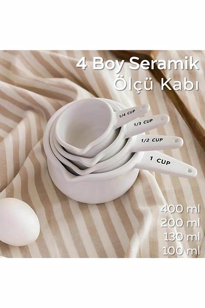 ARVALE White Ceramic 4 Piece Measuring Cup Set - 4 Different Size Cups |   400 Ml, 200 Ml, 130 Ml, 100 ml