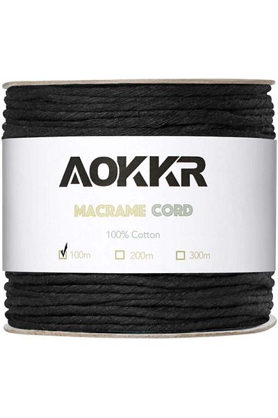 AOKKR Macrame Thread Roll, Cotton, Black, 100 M