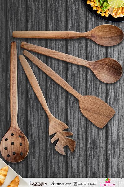 MONTESEV Natural Walnut Wood Wooden Board Spoon Spatula Colander Fork Set Wooden Spoon (Set of 5)