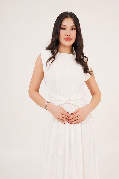 Hipo Trend Elegant White Dress with Padded Lining and Pleated Waist Detail