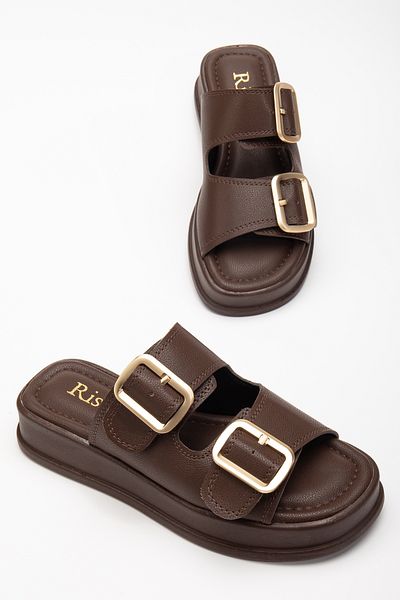 RİSSOLİ Rissoli Women's Bitter Brown Wedge Heeled Double Banded Buckle Slippers