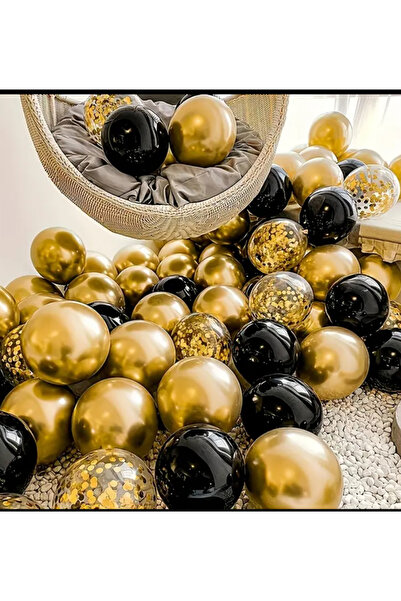 Çemrek Süs Parti Krom Gold Şeffaf Pullu Siyah Balon Demeti 25 li
