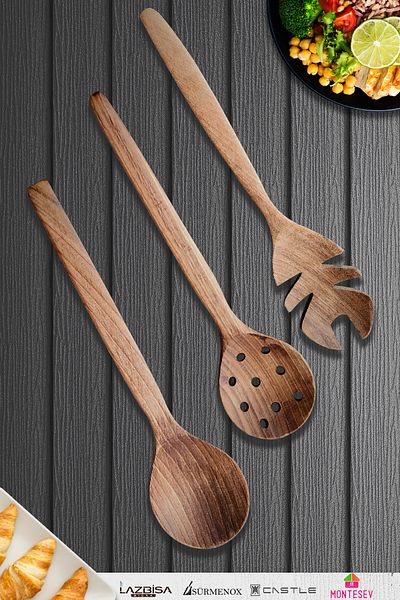 MONTESEV Natural Walnut Wood Wooden Board Spoon Spatula Colander Fork Set Wooden Spoon (Set of 3)