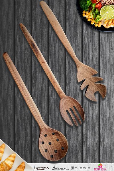 MONTESEV Natural Walnut Wood Wooden Board Spoon Spatula Colander Fork Set Wooden Spoon (Set of 3)