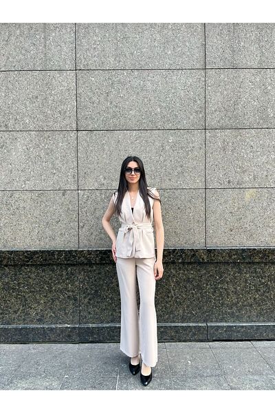 EGZOTİK ASORTİK Pens Detailed Belted Vest Trousers Set