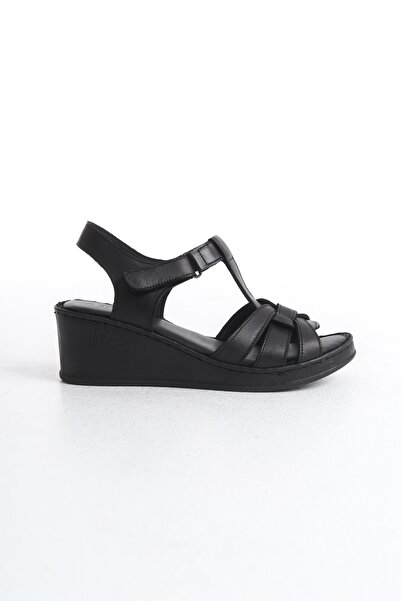 Tamdabu Ayakkabı Genuine Leather Black Orthopedic Sole Wedge Heel Women's Sandals