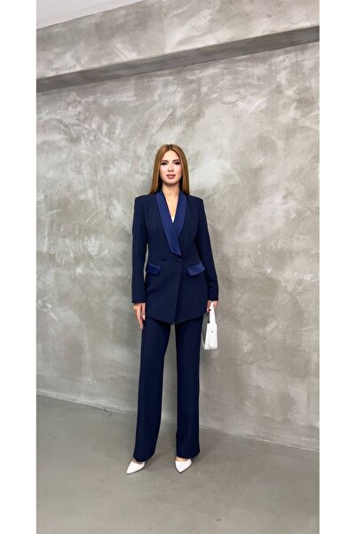 BARG FASHION بدلة نسائية من الساتان ذات طية صدر السترة بأزرار مزدوجة وسترة بن...