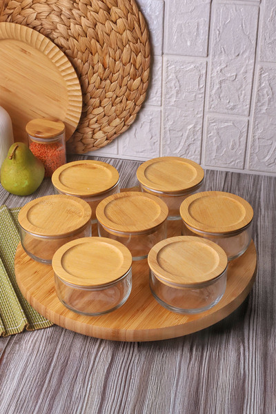 Bambum Duo 300ml 7-Piece Rotating Tray Bamboo Silicone Lid Anti-Slip Glass Breakfast