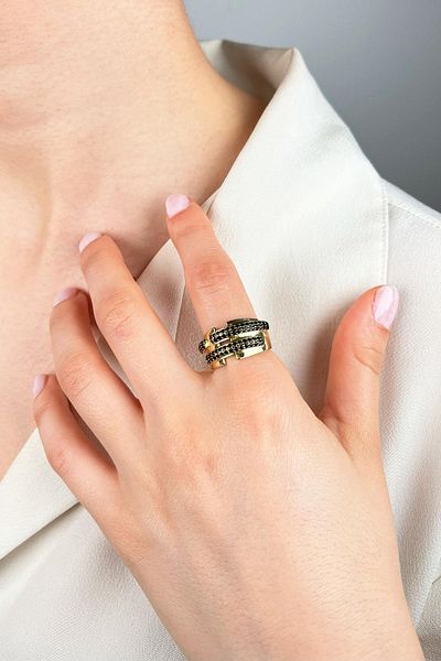 Sose Moda Black Zircon Stone Asymmetric Ring - Gold