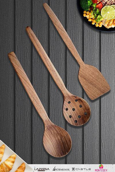 MONTESEV Natural Walnut Wood Wooden Board Spoon Spatula Colander Fork Set Wooden Spoon (Set of 3)