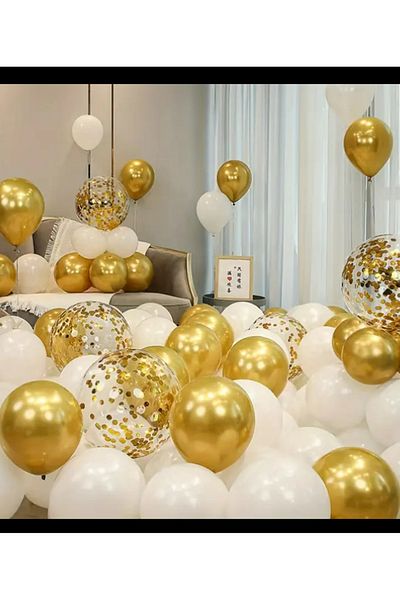 Çemrek Süs Parti Chrome Gold Transparent Sequin White Balloon Bundle 25 Pcs