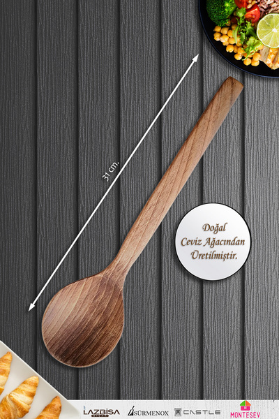 MONTESEV Doğal Ceviz Ağacı Ahşap Tahta Kaşık Spatula Kevgir Çatal Seti Ağaç Kaşık (3 lü Set)