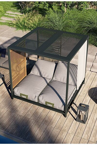 Passion Hard Özel Tasarım Dekoratif Kare Havuz Başı Şezlong Perdeli Çift Kişilik Divan Ahşap Detaylı Daybed