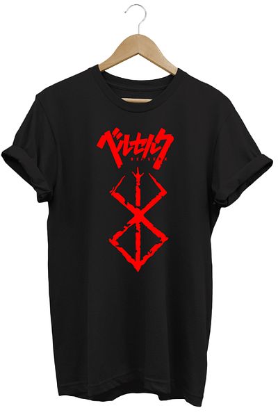 remonz Berserk Symbol Anime με μοτίβο εκτύπωσης κοντομάνικο βαμβακερό μαύρο μπλουζάκι με λαιμόκοψη