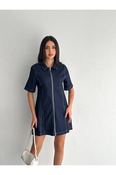 Noa Noa Rochie de damă din denim cu guler cu fermoar, spălată cu apă