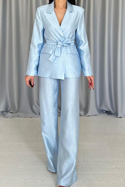 BYNPOL Μπλε Ζώνη Μέσης Μπουφάν και Παντελόνι Γυαλιστερό Σετ