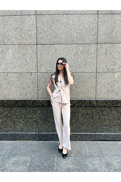 EGZOTİK ASORTİK Pens Detailed Belted Vest Trousers Set