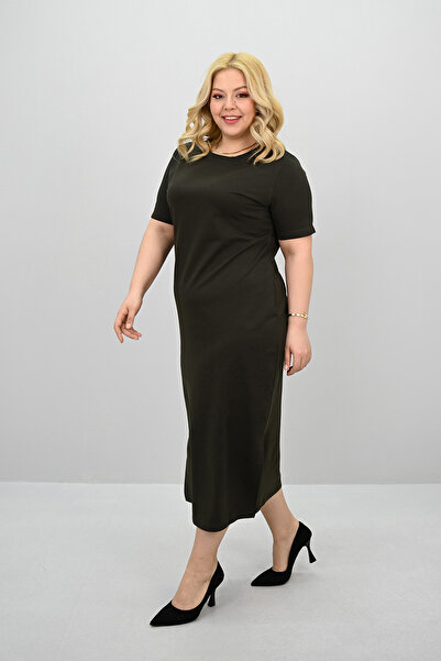 Koza Butik Γυναικείο Μεγάλο Μέγεθος Κοντό μανίκι με λεπτομέρεια βασικό φόρεμα 5309-25