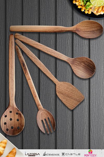 MONTESEV Natural Walnut Wood Wooden Board Spoon Spatula Colander Fork Set Wooden Spoon (Set of 5)