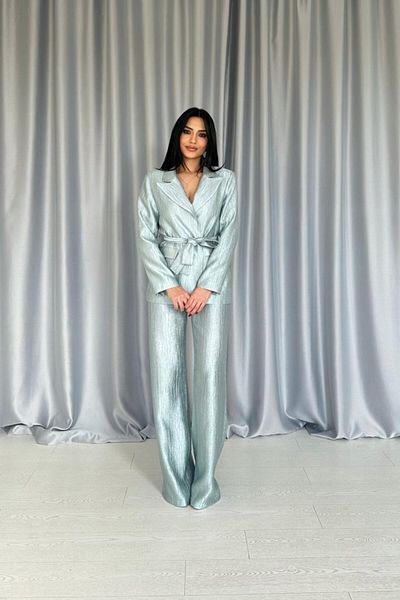 Gökyüzü Moda Mint Waist Belted Jacket and Trousers Shiny Set