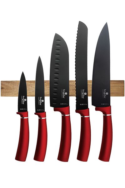Berlinger Haus Knife Set With Wood Magnetic Holder 6 Pcs Metallic Line Burgundy