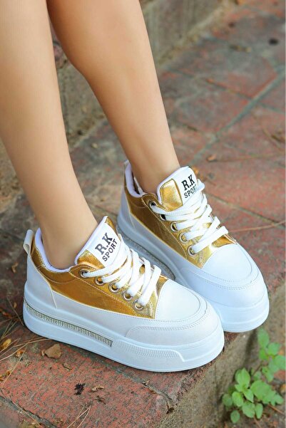 LEYDİ SHOES FRM-018 Yüksek Tabanlı Bağcıklı Sarı Keten Spor Ayakkabı