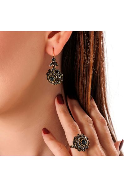 Atelier LEO Handmade Jewellery طقم مجوهرات سلطان تاجي أنثراسيت مصنوع يدويًا من حجر الكريستال المقاوم للبهتان للنساء