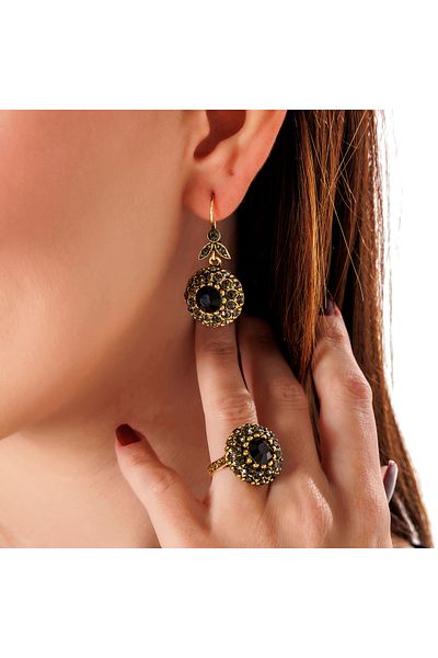 Atelier LEO Handmade Jewellery Royal Face Black Earring Necklace Set Copper Hand Made Crystal Stone No Tarnishing Women's Jewelry Set