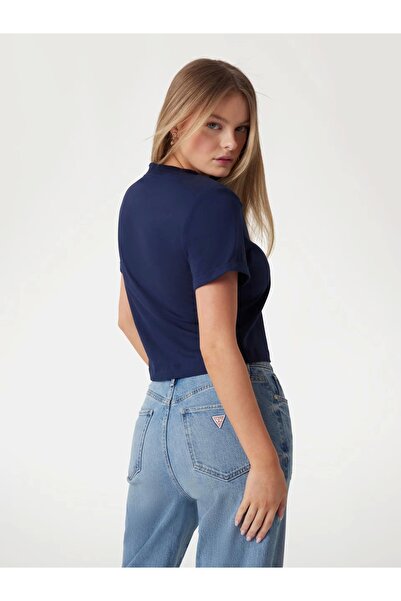 Guess Cn Ss Cropped Washed Logo Tee Women's Navy Blue T-Shirt W5Gi15K8Fq4-G7P1