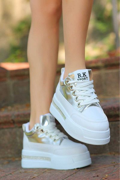 LEYDİ SHOES FRM-018 Αθλητικά παπούτσια με ψηλή σόλα με κορδόνια από ασημί λινό