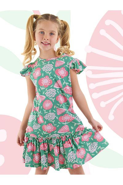 Denokids Grünes, gerüschtes, rosa, geblümtes Sommerkleid für Mädchen
