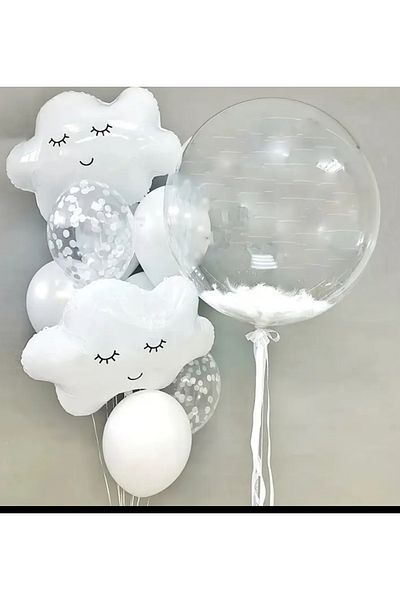 Çemrek Süs Parti White Balloon Bundle Cloud Foil Balloon and 14 Pieces with Transparent Bobo Balloon