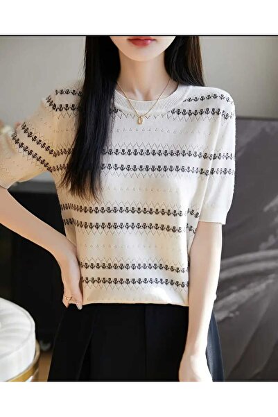 ASEZ BUTİK Asez Boutique Women's Short Sleeve Summer Thin Knitwear Blouse