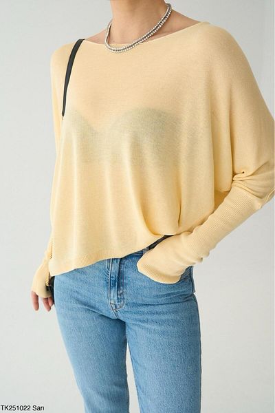 Lupies Women's Yellow Boat Neck Transparent Sweater