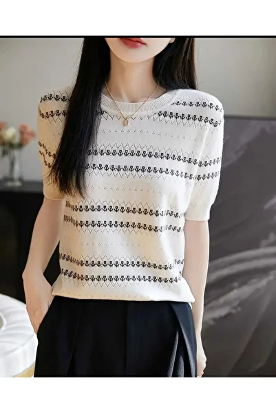 ASEZ BUTİK Asez Boutique Women's Short Sleeve Summer Thin Knitwear Blouse