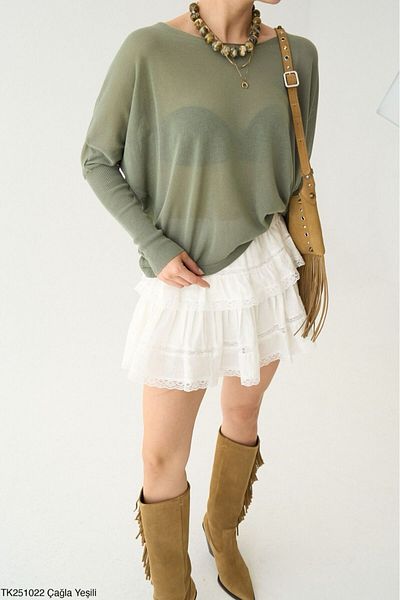 Lupies Women's Green Boat Neck Transparent Sweater