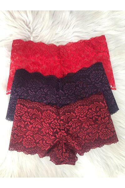 COLOR DE PIEL Kadın 3lü boxer şort külot (bordo kırmızı mürdün renk )